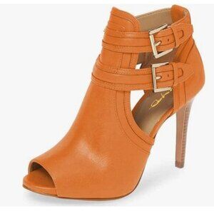 XYD Dark Orange Peep Toe High Heels Buckled Double Straps Cutout Ankle Bootie